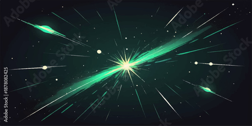 An abstract black space background features glowing blue stars and shiny motion particles across a bright galaxy sky design with a light holiday glow