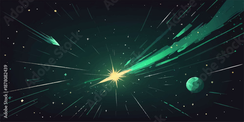 An abstract digital art design of a bright blue galaxy explosion featuring glowing stars and fractal energy light across a black deep space astronomy background