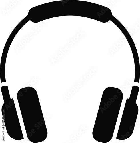 Minimalist black silhouette icon of headphones on a white background, symbolizing music and audio