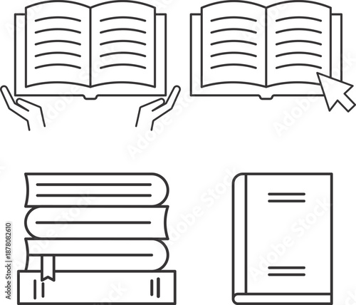 Book line art editable icon set representing learning, knowledge, and education
