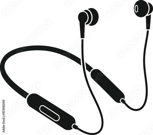 A black silhouette icon of wireless neckband earbuds for audio listening.