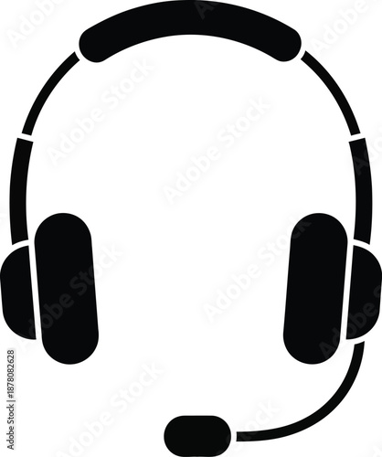 A simple black silhouette icon depicting a telecommunication headset with microphone