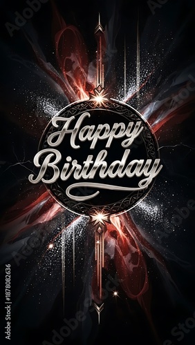 Vibrant Abstract Kirakira Glitter Gothic Birthday Artwork with Luxurious Dark Background, Romantic Dandyism Theme, Metallic Cursive Happy Birthday Typography and Elegant Sparkling Celebration Design