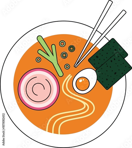 Top down view of a bowl of ramen with noodles, egg, onions, and seaweed on a transparent background