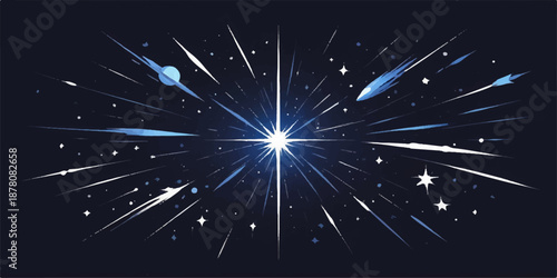 A vibrant blue star burst firework shines against the dark night sky, creating a glowing sparkle pattern with starry glitter like a bright galaxy vector illustration for a holiday wallpaper