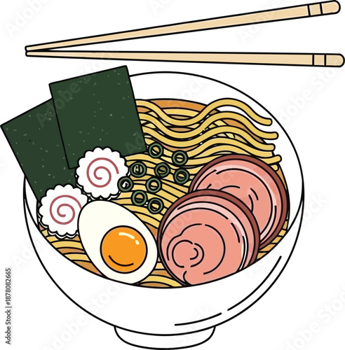 Top down view of a bowl of ramen with noodles, egg, sliced pork, seaweed, and narutomaki on a transparent background