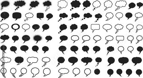 Vector, speech, bubbles, thought, clouds, chat, icons, message, dialogue, communication, social, network, design, elements, empty, shapes, black, white, comic