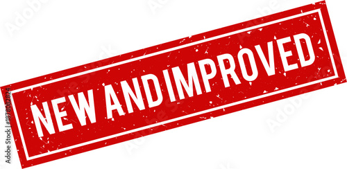 New and Improved Rubber Stamp, Vintage Old Red Grunge Texture Frame Label, Retro Distressed Ink Seal, Vector Illustration for Product, Promotion, Marketing, Quality