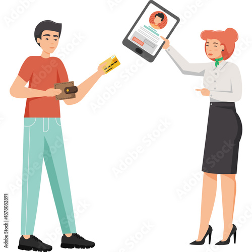 Client and bank employee, banking online service vector icon isolated on white