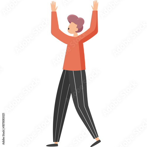 Happy guy rejoicing with raising hands up vector icon isolated on white