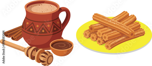 Traditional Mexican breakfast dessert set with fried churros pastry on plate hot chocolate in clay mug with molinillo whisk and cinnamon sticks for sweet latin cuisine snack concept.