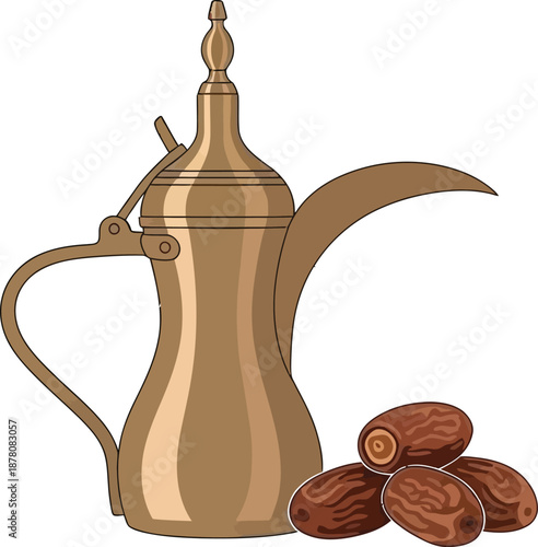 Traditional Arabic coffee pot dallah and dates, isolated on transparent background vector illustration
