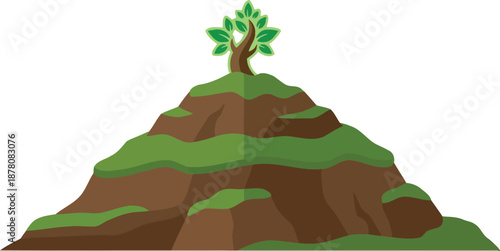 Green and brown mountain hill icon with small tree on top peak for nature landscape concept representing environmental growth and outdoor hiking adventure symbol in spring summer season.