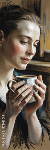 A portrait of a serene woman holding a ceramic
coffee mug near warm kitchen light
