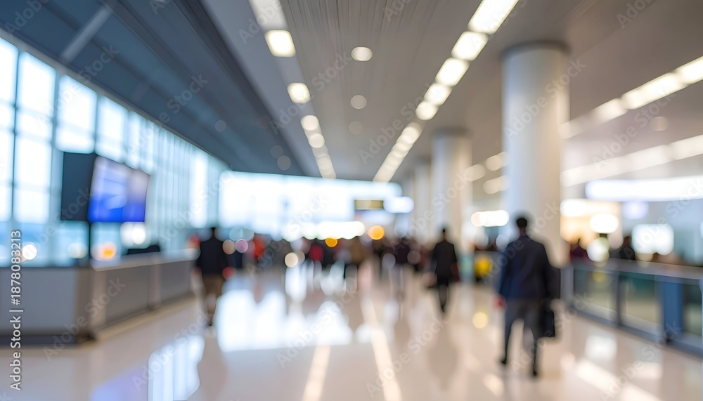 Fototapeta premium A busy airport interior with blurred figures and bright lighting, showcasing human activity
