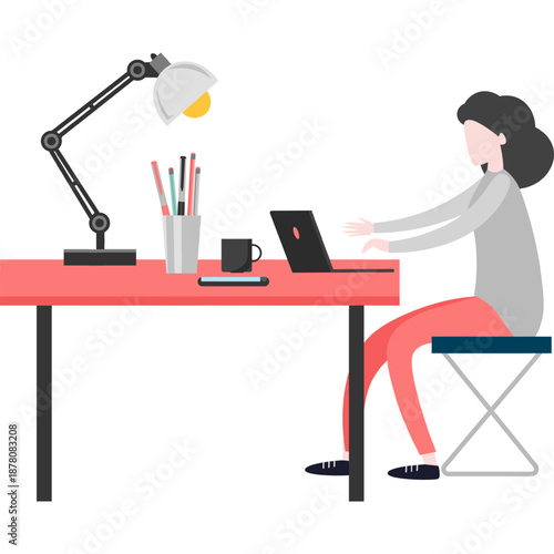 Woman freelancer brainstorming working at laptop computer at home office vector icon