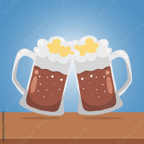 Beer mugs clinking together, filled with dark beer and frothy white and yellow foam, on a wooden table against a blue background.