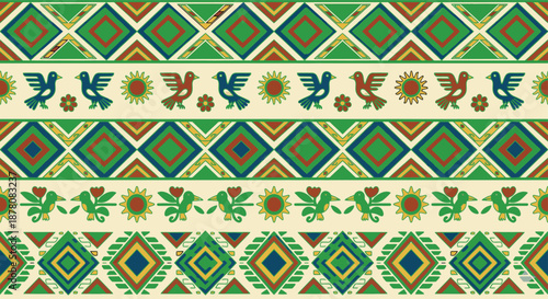 Mexican ethnic folk art pattern with geometric diamond shapes and birds for traditional tribal textile fabric print and ancient Aztec culture decoration border design style ornament.