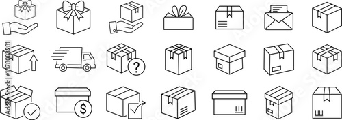 Collection of various package and delivery icons in simple line art style for shipping and logistics themes high-quality professional detailed modern elegant