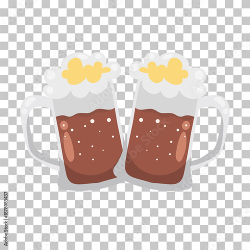 Two cartoon beer mugs clinking together, filled with dark beer and frothy white foam, celebrating a toast.