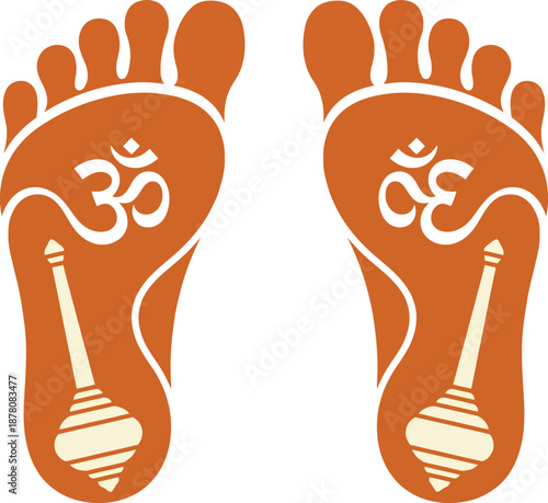Holy lord hanuman footprints with om symbol and gada mace weapon for hindu religious prayer and devotion concept representing spiritual strength and divine blessing in indian culture.