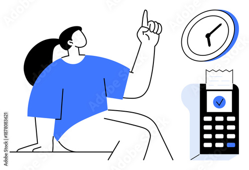 Time management, payment systems, financial responsibility, customer service, banking, and planning. Person gesturing near clock and payment terminal with receipt. Time management and payment systems