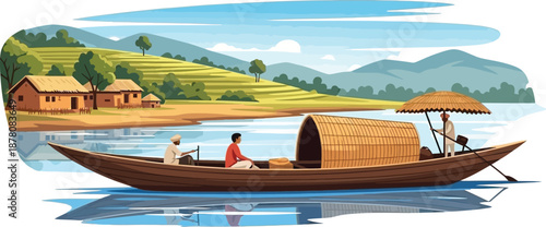 Traditional boat carrying people on river landscape with village and mountains in background vector illustration