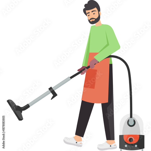 Man in apron vacuuming floor vector icon isolated on white