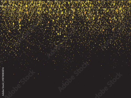 Dense gold glitter falling on black background with rich sparkle texture and luxury festive mood. Elegant abstract backdrop for premium branding, celebrations, posters, invitations and digital designs