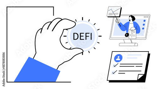 Decentralized finance concept. DeFi with a hand holding a token, business charts, and verified user documents. Decentralized finance for blockchain, fintech, financial planning, online learning