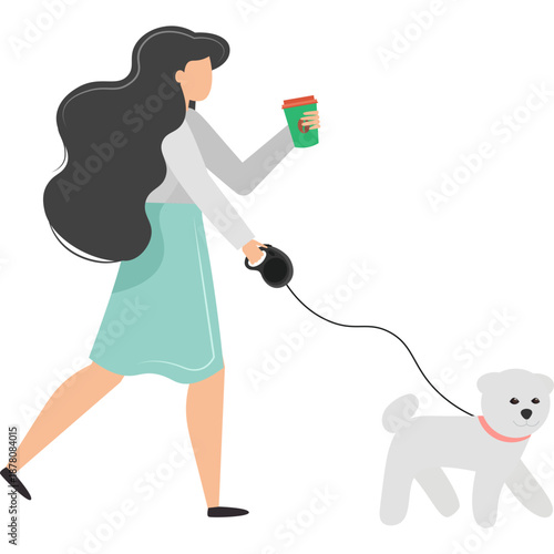 Woman drinking coffee walking dog vector icon isolated on white