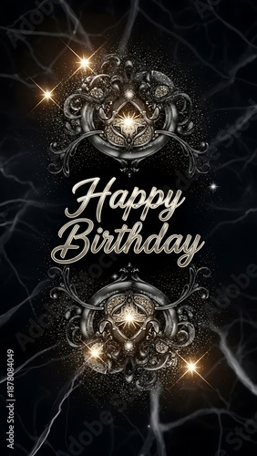 Vibrant Abstract Kirakira Glitter Gothic Birthday Artwork with Luxurious Dark Background, Romantic Dandyism Theme, Metallic Cursive Happy Birthday Typography and Elegant Sparkling Celebration Design