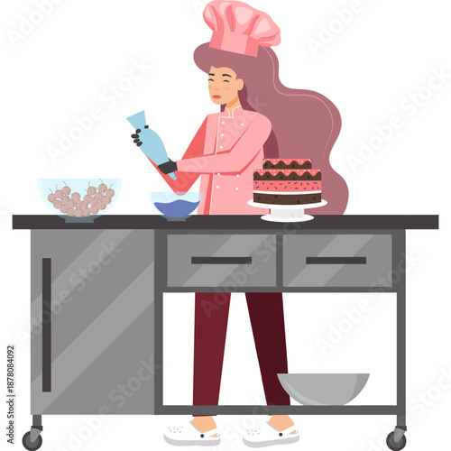 Confectioner decorating cake at kitchen vector icon isolated on white