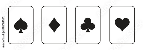 Heart, spade, club, and diamond. Icons of playing card suits in a sleek, modern geometric style. A set of vector card symbols.