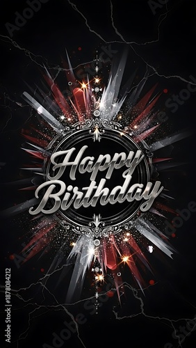 Vibrant Abstract Kirakira Glitter Gothic Birthday Artwork with Luxurious Dark Background, Romantic Dandyism Theme, Metallic Cursive Happy Birthday Typography and Elegant Sparkling Celebration Design