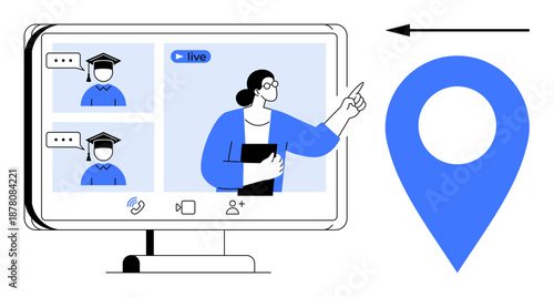Online education concept. Virtual learning with students engaging in live video calls and teacher presentations. Online education linked to remote learning, e-learning, and distance education