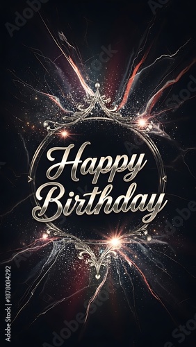 Vibrant Abstract Kirakira Glitter Gothic Birthday Artwork with Luxurious Dark Background, Romantic Dandyism Theme, Metallic Cursive Happy Birthday Typography and Elegant Sparkling Celebration Design