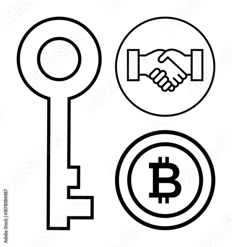 Cryptocurrency concept. Key, Bitcoin symbol, and handshake icon highlight cryptocurrency security and trust. Cryptocurrency ensures secure transactions and decentralized trust. For finance