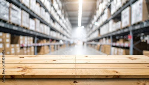 Wallpaper Mural A spacious warehouse with neatly stacked boxes on shelves and a wooden surface in foreground Torontodigital.ca