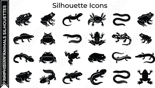Amphibian Animals Silhouette Vector Set - Frog, Toad, Salamander, Newt, and Lizard Icons
