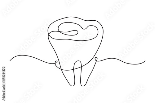 Tooth by one line drawn. Sketch molar.Stomatology. Outline vector illustration on a medical topic.