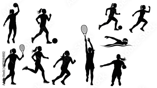 National Girls and Women in Sports Day Black Vector Silhouette Set