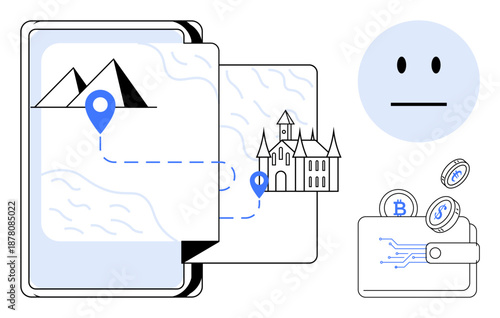Travel, finance, cryptocurrency, digital maps, tourism, technology integration. Map with location markers, digital wallet holding bitcoin and currency minimal face design. Travel and finance concept