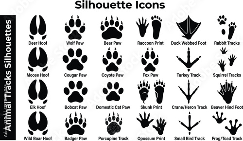 Animal Tracks Silhouette Vector Set - Paw Prints, Hoof Marks, and Footprint Trail Icons
