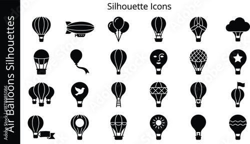 Air Balloon Silhouette Vector Set - Hot Air Balloons, Dirigible, Blimp, and Zeppelin Flight Icons
