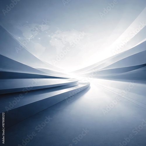 Abstract motion blur road with dynamic light trails creating a sense of speed, movement, and futuristic transportation. Minimal blue and white tones with copy space, ideal for business, technology 
