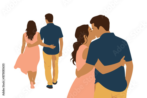 A romantic couple embracing and kissing while another couple walks together in the background.