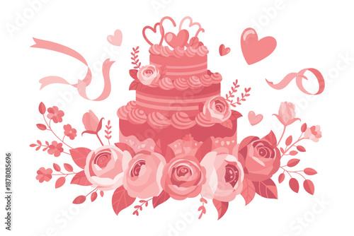 A beautiful pink wedding cake with roses and hearts on a white background