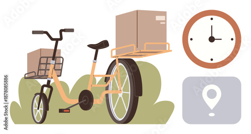 Logistics, shipping, delivery services, e-commerce, urban transport, and local packages. A bike with boxes, a clock and a map pin. Logistics and delivery services concepts
