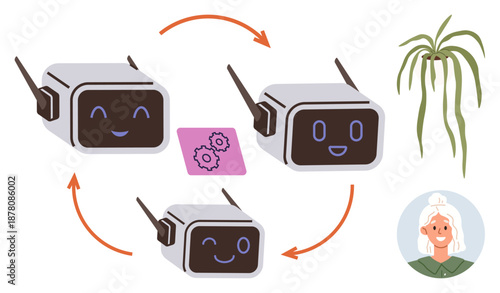 Artificial intelligence, technology development, automation, human integration, workflow processes, environmental awareness. Robots in a workflow loop. Artificial intelligence and technology